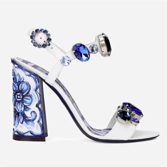 Bohemia Rhinestone Thick Heel Open Toe Sandals. - Maison Novaire