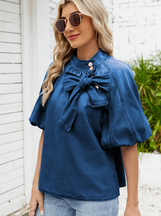Denim Bow Tie Puff Sleeve Ladies Top - BLAKESTORE-NG