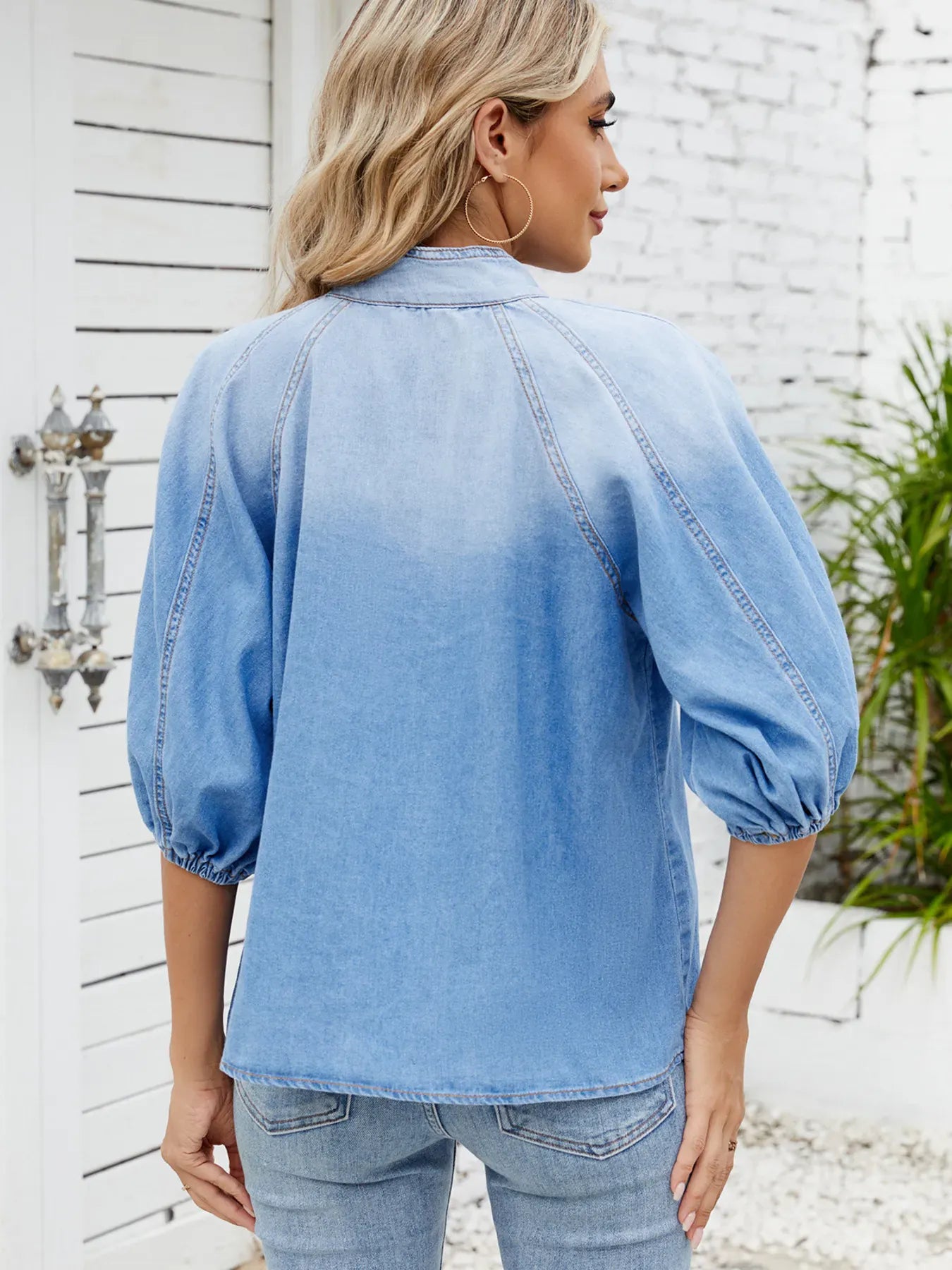 Denim Bow Tie Puff Sleeve Ladies Top - BLAKESTORE-NG