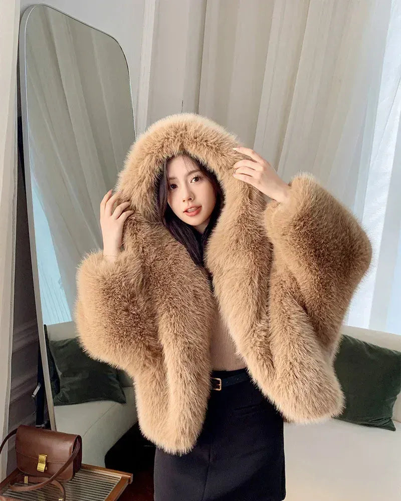 Eco-Friendly Faux Fox Fur Hooded Jacket for Women – Korean Premium Warm Winter Coat - BLAKESTORE-NG