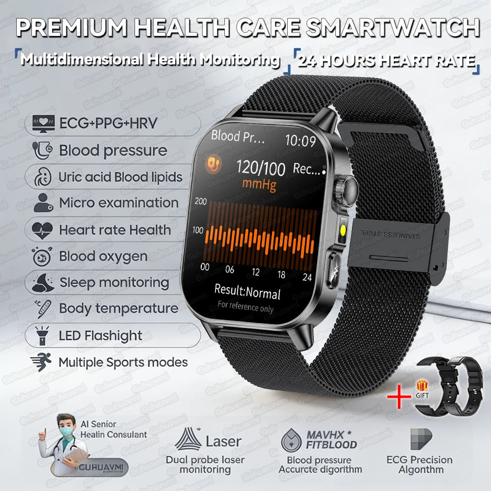 Fashion Health Smart Watch Women 2.0 AMOLED ECG BT Call - Black Mesh Belt 2A / AI Health Report - Maison Novaire