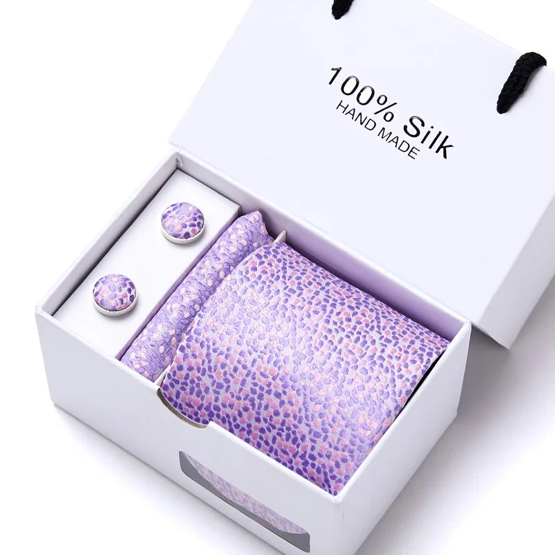 100% Silk Striped Floral Tie Set with Handkerchief | 7.5cm Men’s Luxury Necktie Gift Box for Wedding Business Party