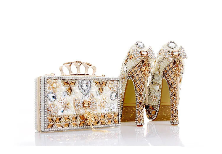 Luxury Beige Pearl Wedding Shoes with matching Bag. - Maison Novaire #