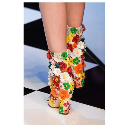 Mixed Color Flower Crystal Mid Calf Boots. - BLAKESTORE-NG