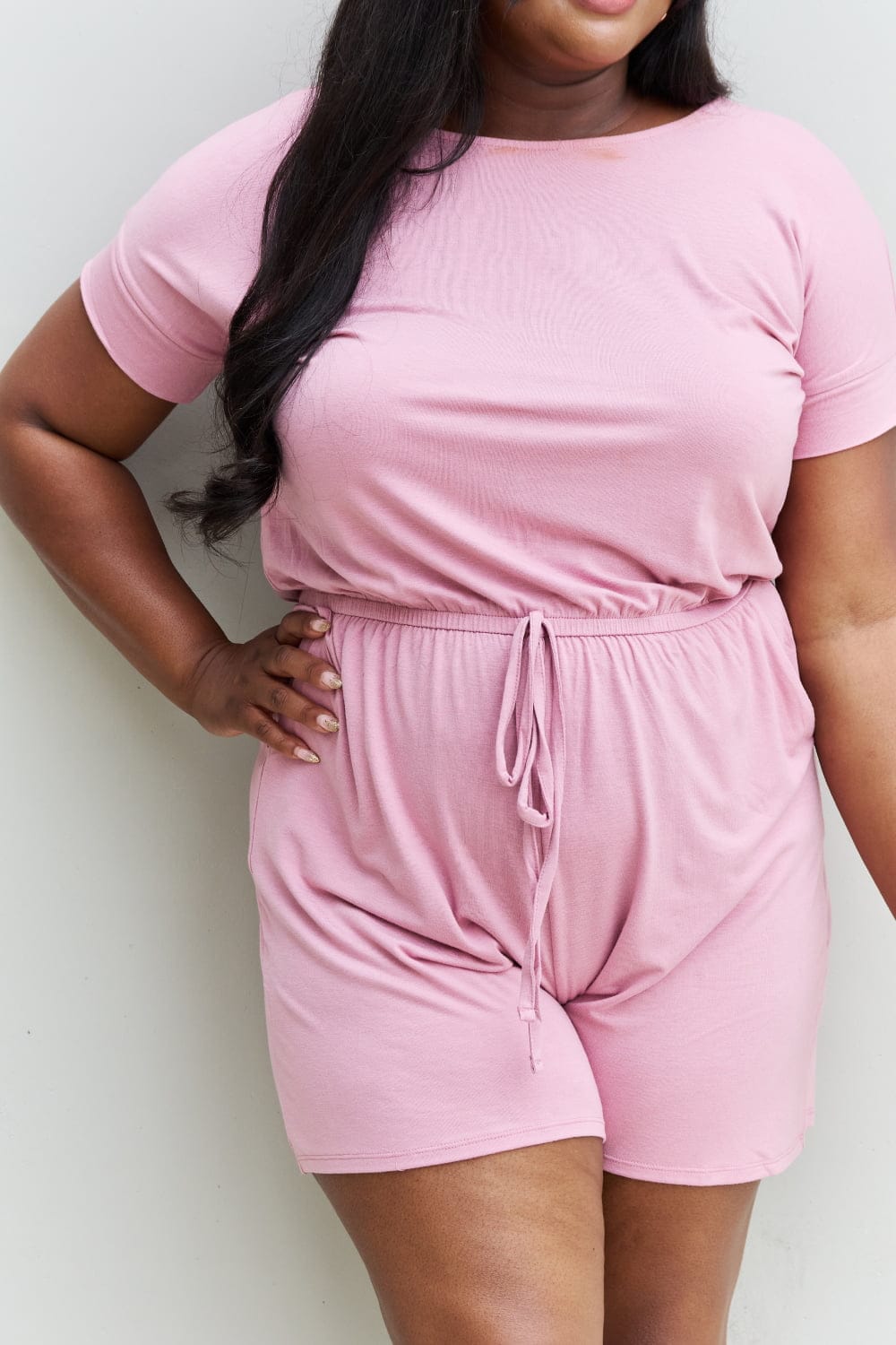 Pink Full Size Short Sleeve Romper in Light Carnation. - Maison Novaire #