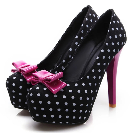 Polka Dot Bow Round Toe Pumps - Maison Novaire