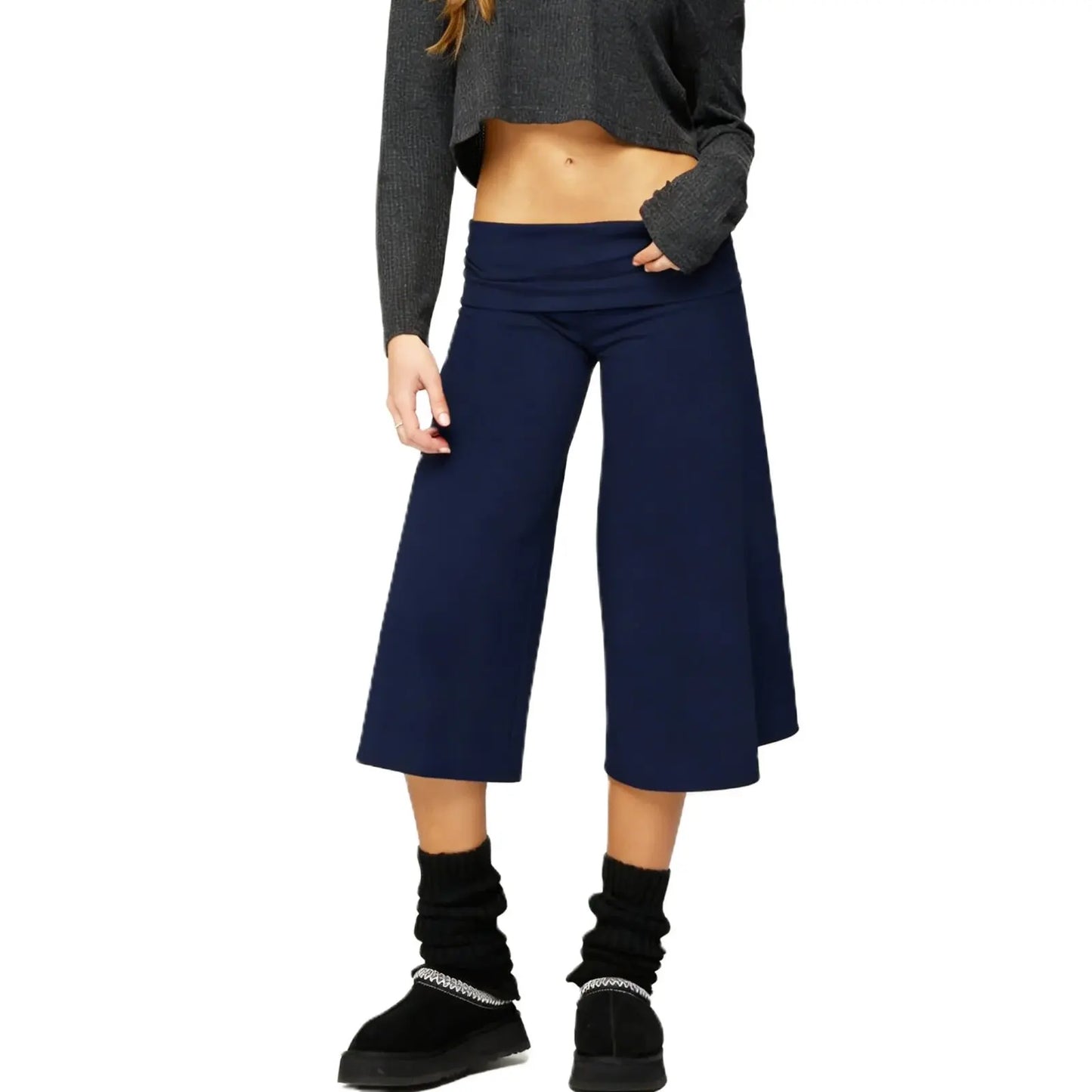 Women Fold Over Gaucho Pants | Low Rise Wide Leg Capri E