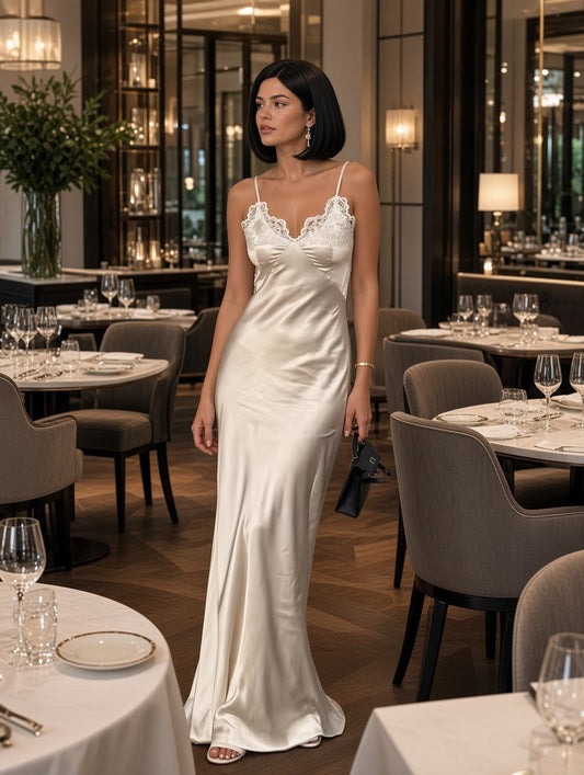 Satin Lace Backless Maxi Dress | Maison Novaire Collection - White / 4 - Maison Novaire