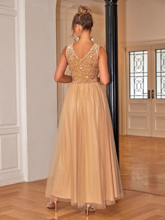 Sequin V-Neck Sleeveless Dress. - Maison Novaire