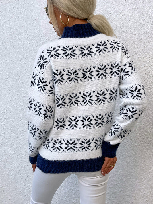 Snowflake Pattern Mock Neck Sweater. - Maison Novaire