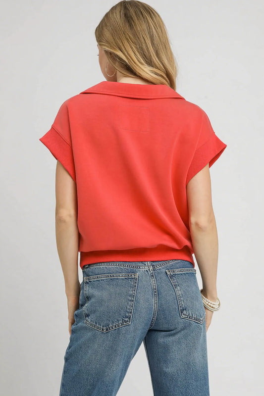 Umgee Luxe Knit Collared Short Sleeve Polo Sweatshirt. - Maison Novaire