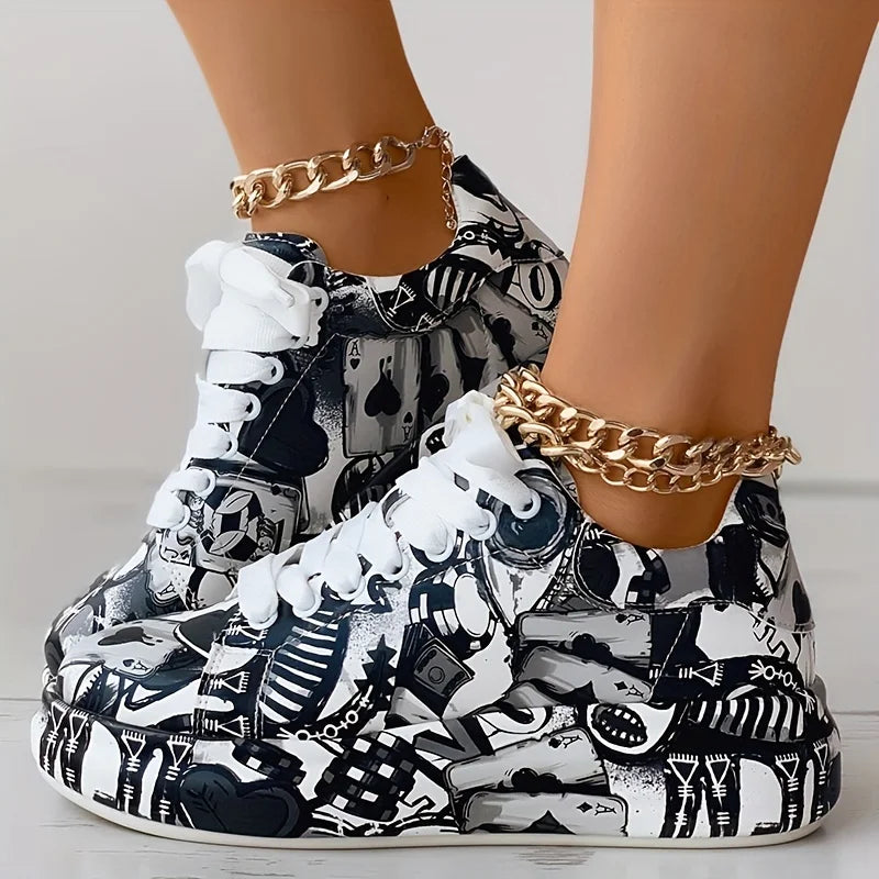 Women's Graffiti Print Sneakers. - Maison Novaire