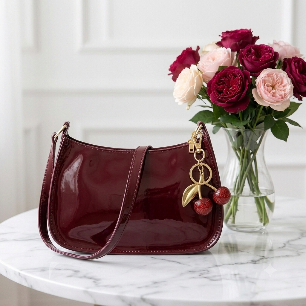 Women’s PU Leather Cherry Pendant Shoulder Bag - red - Maison Novaire