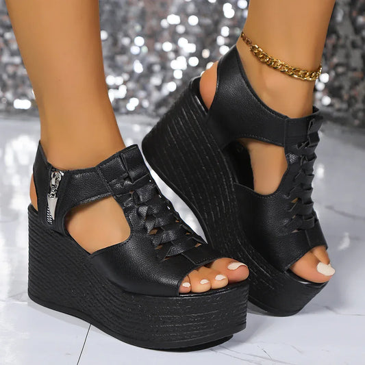 Women’s Summer Wedges Sandals – Sexy Peep Toe Platform Heels - black / 36 - Maison Novaire