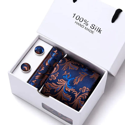 100% Silk Striped Floral Tie Set with Handkerchief | 7.5cm Men’s Luxury Necktie Gift Box for Wedding Business Party - BLAKESTORE-NG