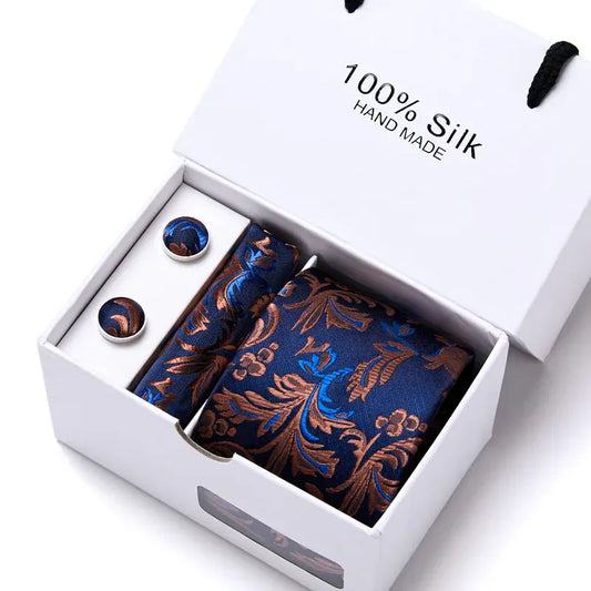 100% Silk Striped Floral Tie Set with Handkerchief | 7.5cm Men’s Luxury Necktie Gift Box for Wedding Business Party - BLAKESTORE-NG