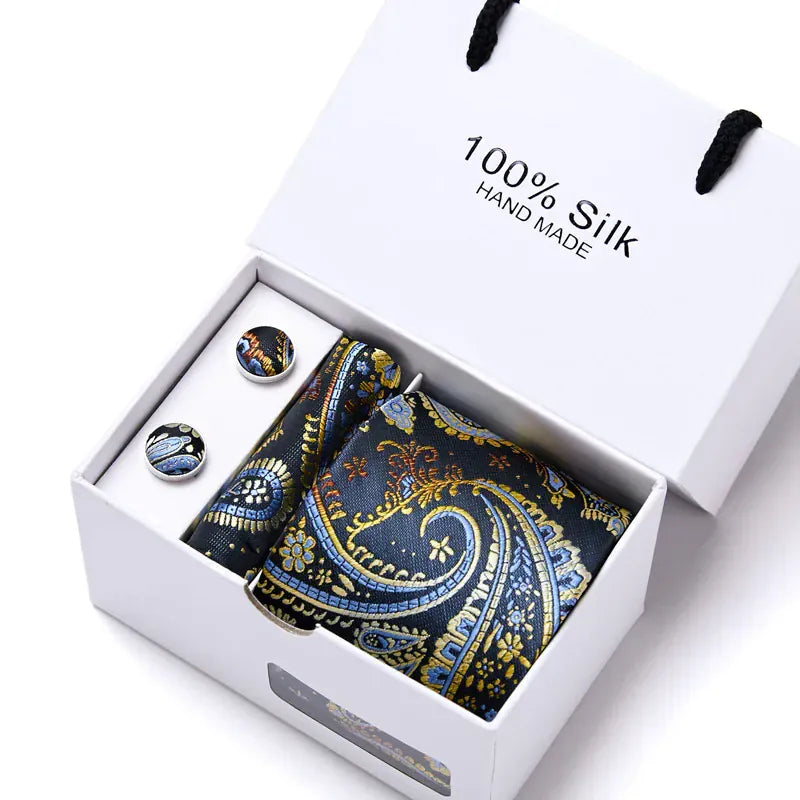 100% Silk Striped Floral Tie Set with Handkerchief | 7.5cm Men’s Luxury Necktie Gift Box for Wedding Business Party - BLAKESTORE-NG
