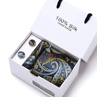 100% Silk Striped Floral Tie Set with Handkerchief | 7.5cm Men’s Luxury Necktie Gift Box for Wedding Business Party - BLAKESTORE-NG