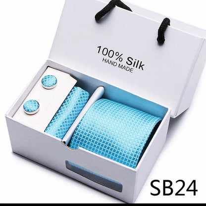 100% Silk Striped Floral Tie Set with Handkerchief | 7.5cm Men’s Luxury Necktie Gift Box for Wedding Business Party - BLAKESTORE-NG