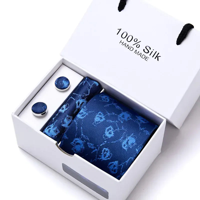 100% Silk Striped Floral Tie Set with Handkerchief | 7.5cm Men’s Luxury Necktie Gift Box for Wedding Business Party - BLAKESTORE-NG