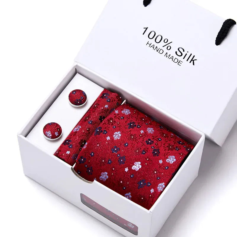 100% Silk Striped Floral Tie Set with Handkerchief | 7.5cm Men’s Luxury Necktie Gift Box for Wedding Business Party - BLAKESTORE-NG