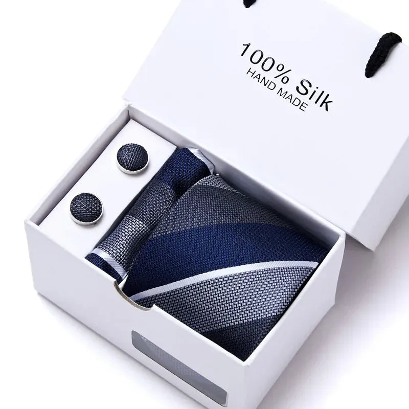 100% Silk Striped Floral Tie Set with Handkerchief | 7.5cm Men’s Luxury Necktie Gift Box for Wedding Business Party - BLAKESTORE-NG