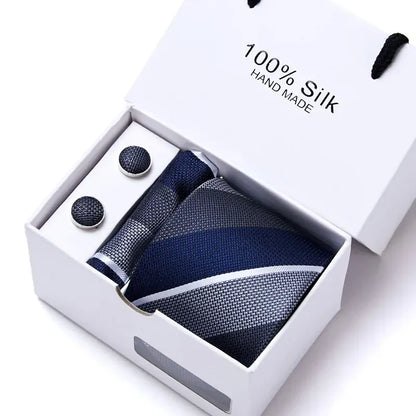 100% Silk Striped Floral Tie Set with Handkerchief | 7.5cm Men’s Luxury Necktie Gift Box for Wedding Business Party - BLAKESTORE-NG