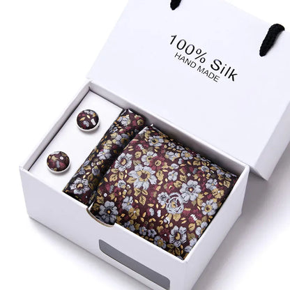 100% Silk Striped Floral Tie Set with Handkerchief | 7.5cm Men’s Luxury Necktie Gift Box for Wedding Business Party - BLAKESTORE-NG
