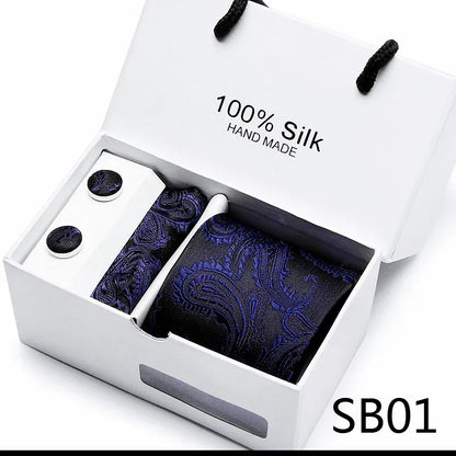 100% Silk Striped Floral Tie Set with Handkerchief | 7.5cm Men’s Luxury Necktie Gift Box for Wedding Business Party - BLAKESTORE-NG