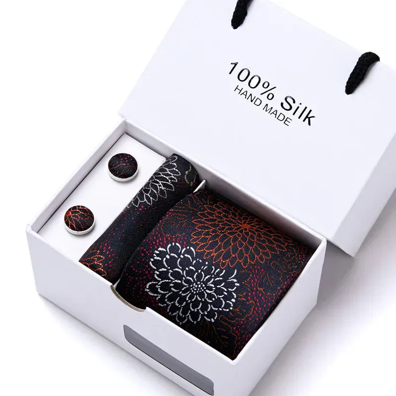 100% Silk Striped Floral Tie Set with Handkerchief | 7.5cm Men’s Luxury Necktie Gift Box for Wedding Business Party - BLAKESTORE-NG