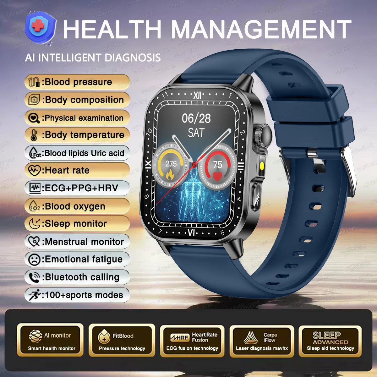 2026 Women’s Health Smartwatch – ECG & HRV, BP, SpO₂, Uric Acid & Bluetooth Call  - Blue / Nursing Grade Watch - Maison Novaire