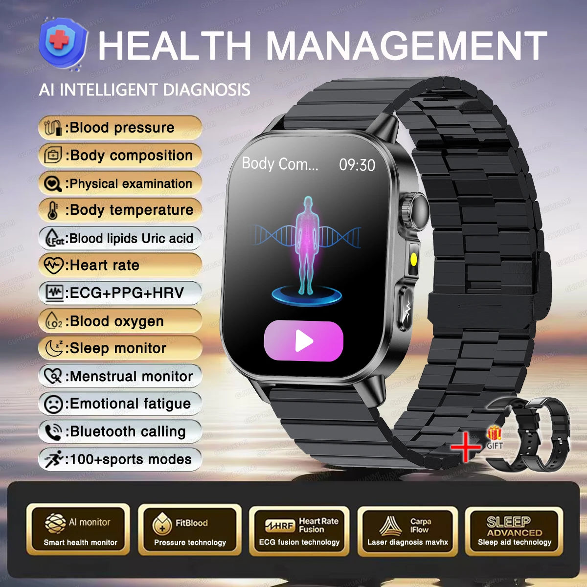 2026 Women’s Health Smartwatch – ECG & HRV, BP, SpO₂, Uric Acid & Bluetooth Call  - Black Steel B 2A / Nursing Grade Watch - Maison Novaire