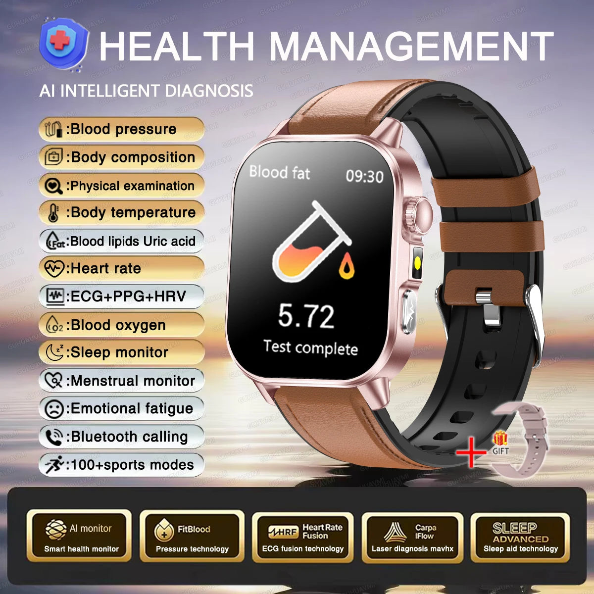 2026 Women’s Health Smartwatch – ECG & HRV, BP, SpO₂, Uric Acid & Bluetooth Call  - Brown Leather / Nursing Grade Watch - Maison Novaire