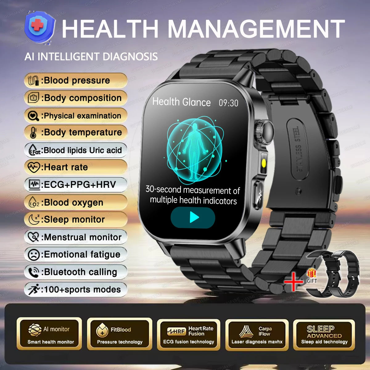 2026 Women’s Health Smartwatch – ECG & HRV, BP, SpO₂, Uric Acid & Bluetooth Call  - Black Steel 2A / Nursing Grade Watch - Maison Novaire