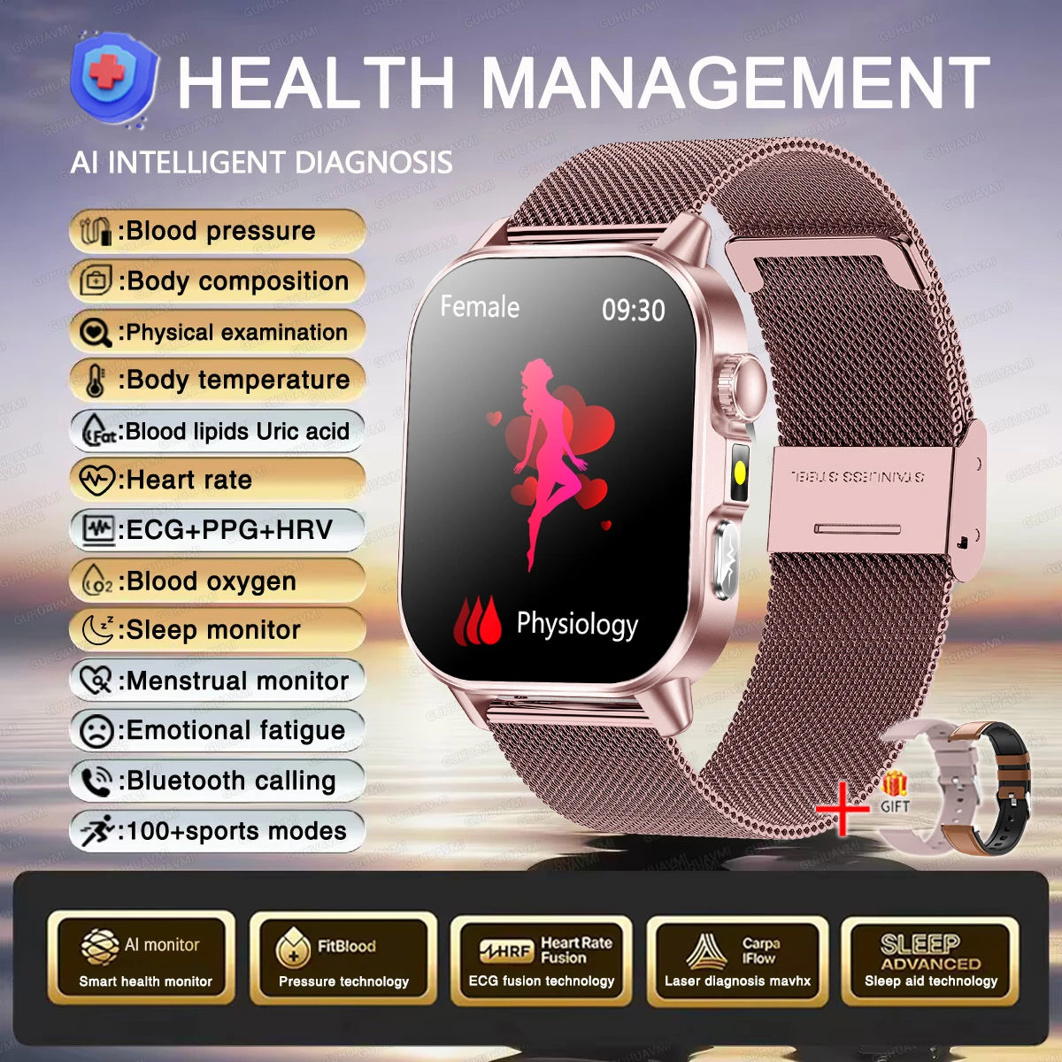 2026 Women’s Health Smartwatch – ECG & HRV, BP, SpO₂, Uric Acid & Bluetooth Call  - Pink Mesh Belt 2A / Nursing Grade Watch - Maison Novaire