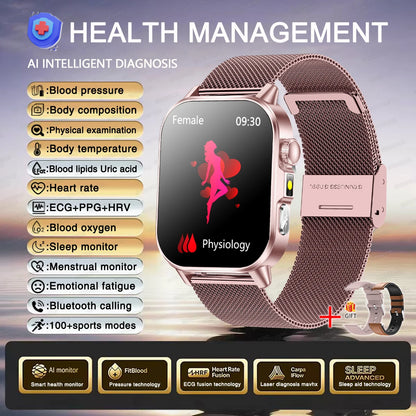 2026 Women’s Health Smartwatch – ECG & HRV, BP, SpO₂, Uric Acid & Bluetooth Call  - Pink Mesh Belt 2A / Nursing Grade Watch - Maison Novaire