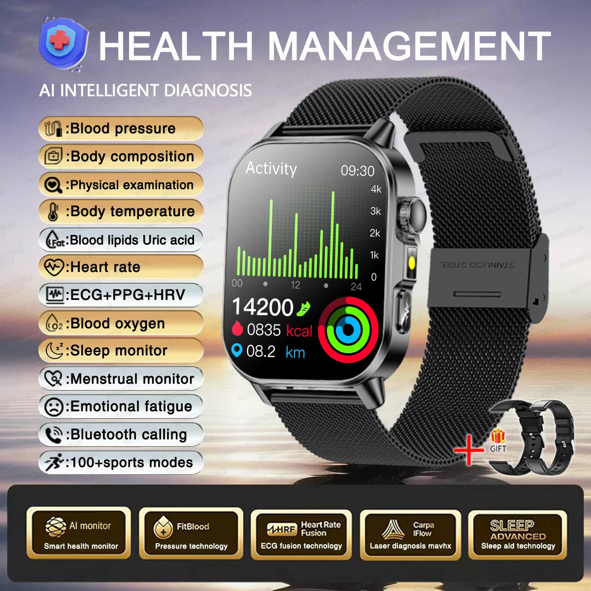 2026 Women’s Health Smartwatch – ECG & HRV, BP, SpO₂, Uric Acid & Bluetooth Call  - Black Mesh Belt 2A / Nursing Grade Watch - Maison Novaire