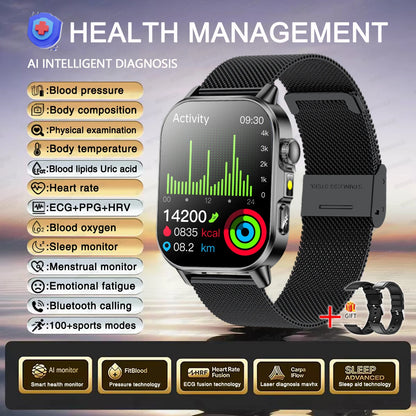 2026 Women’s Health Smartwatch – ECG & HRV, BP, SpO₂, Uric Acid & Bluetooth Call  - Black Mesh Belt 2A / Nursing Grade Watch - Maison Novaire
