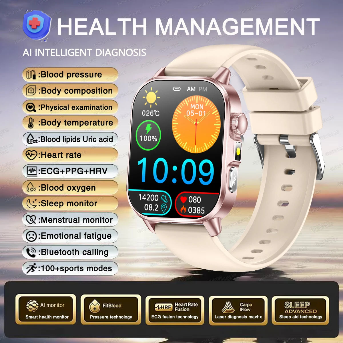 2026 Women’s Health Smartwatch – ECG & HRV, BP, SpO₂, Uric Acid & Bluetooth Call  - Powder yellow / Nursing Grade Watch - Maison Novaire