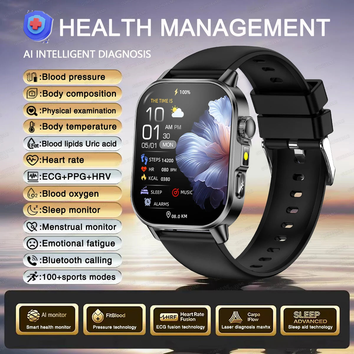 2026 Women’s Health Smartwatch – ECG & HRV, BP, SpO₂, Uric Acid & Bluetooth Call  - Black / Nursing Grade Watch - Maison Novaire