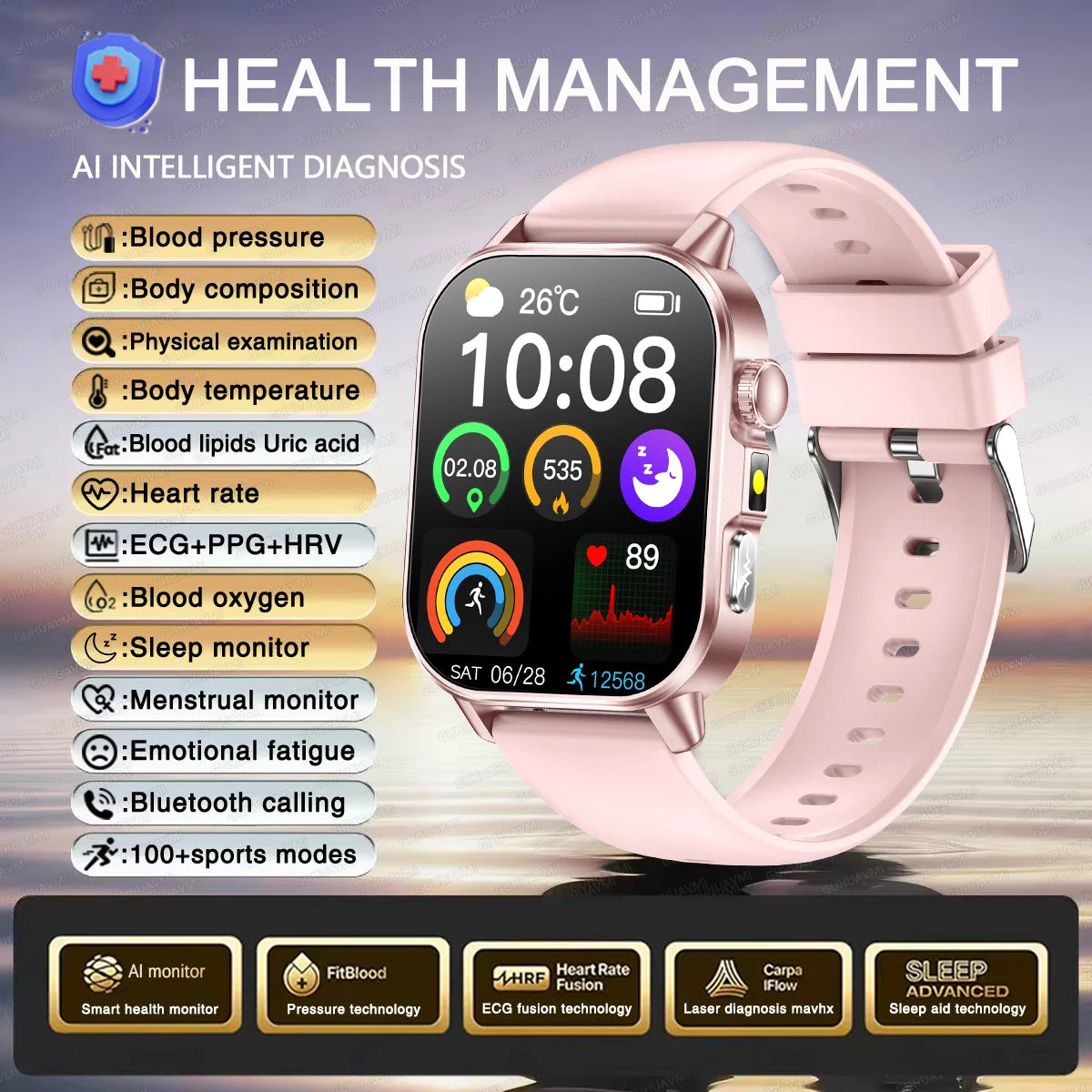 2026 Women’s Health Smartwatch – ECG & HRV, BP, SpO₂, Uric Acid & Bluetooth Call  - Pink / Nursing Grade Watch - Maison Novaire
