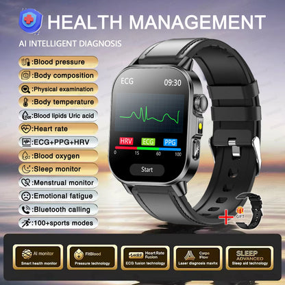 2026 Women’s Health Smartwatch – ECG & HRV, BP, SpO₂, Uric Acid & Bluetooth Call  - Black Leather / Nursing Grade Watch - Maison Novaire