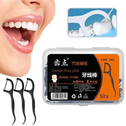 50pcs Interdental Brush & Floss Picks – Bamboo Charcoal - Maison Novaire