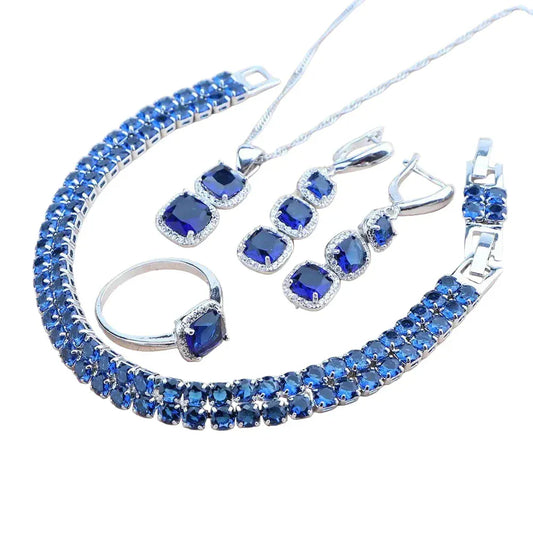 925 Sterling Silver Jewelry Set – Blue Zircon Bridal Necklace, Earrings & Bracelet - Maison Novaire #