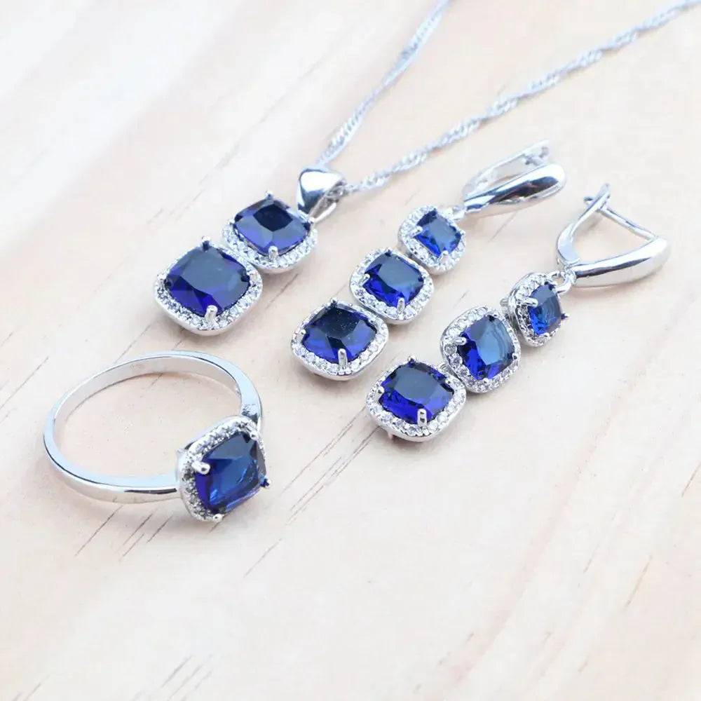 925 Sterling Silver Jewelry Set – Blue Zircon Bridal Necklace, Earrings & Bracelet - Maison Novaire