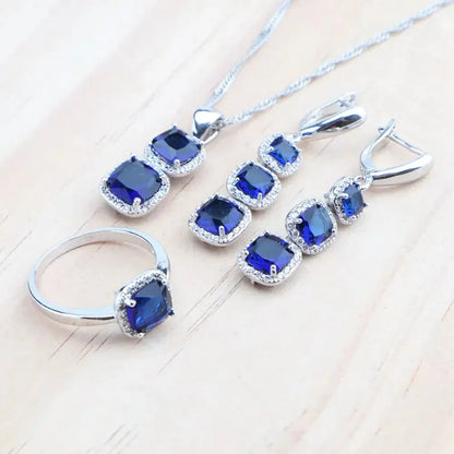 925 Sterling Silver Jewelry Set – Blue Zircon Bridal Necklace, Earrings & Bracelet - Maison Novaire
