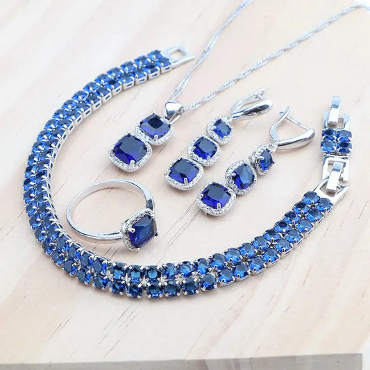 925 Sterling Silver Jewelry Set – Blue Zircon Bridal Necklace, Earrings & Bracelet - Maison Novaire #