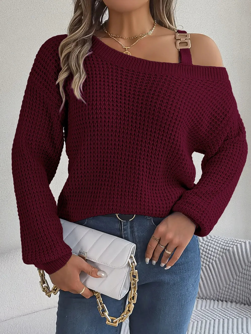 Asymmetrical Neck Long Sleeve Sweater. - Maison Novaire