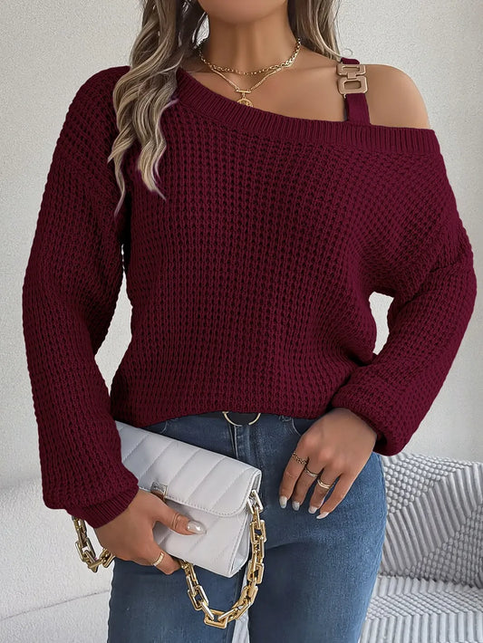Asymmetrical Neck Long Sleeve Sweater. - Maison Novaire