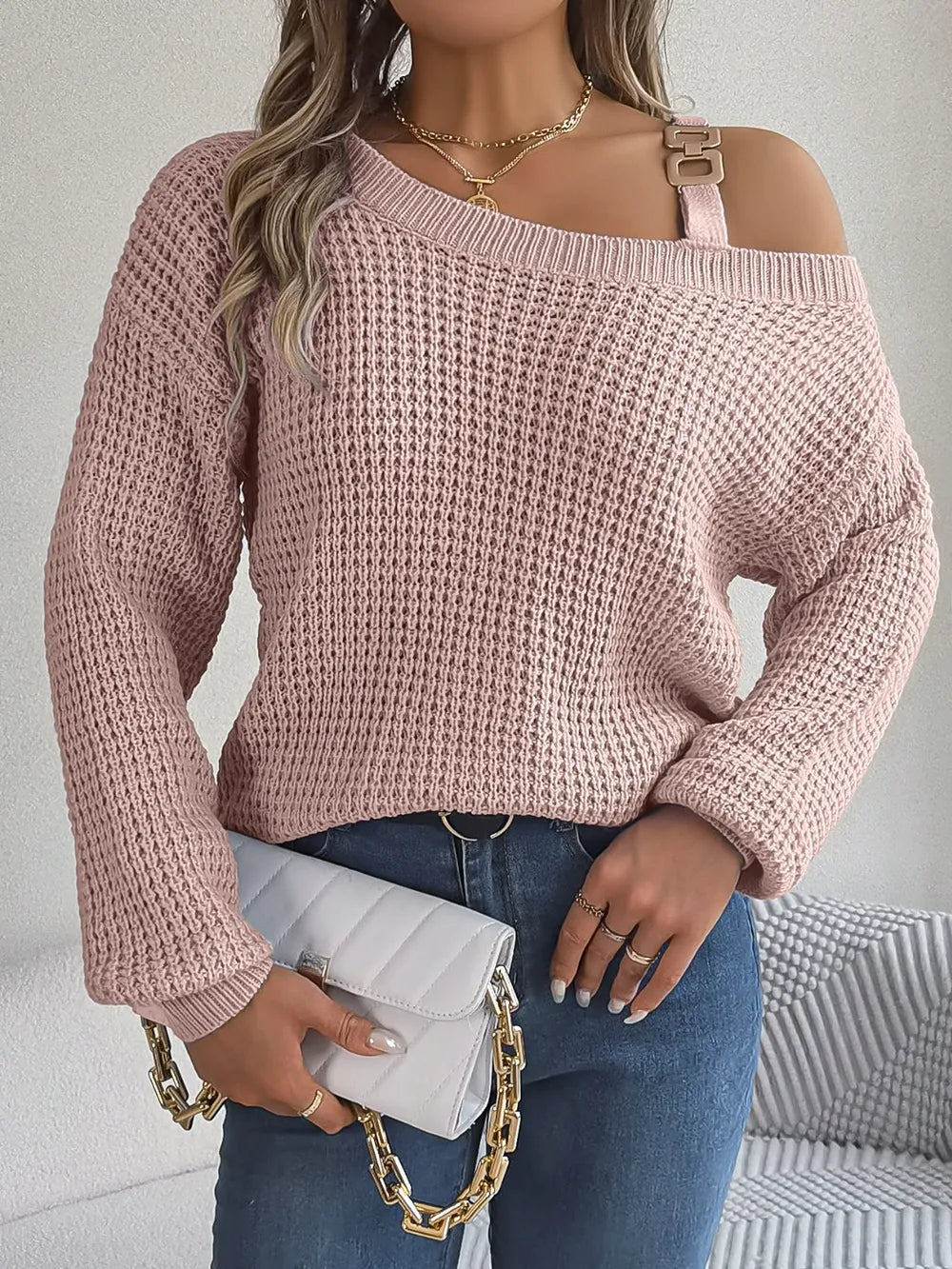 Asymmetrical Neck Long Sleeve Sweater. - Maison Novaire